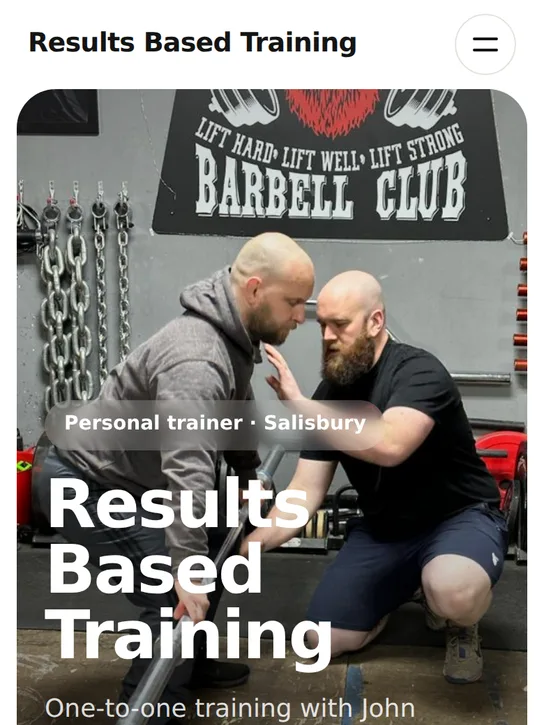 A trainer's own website on a phone: Results Based Training, a coach cueing a lifter